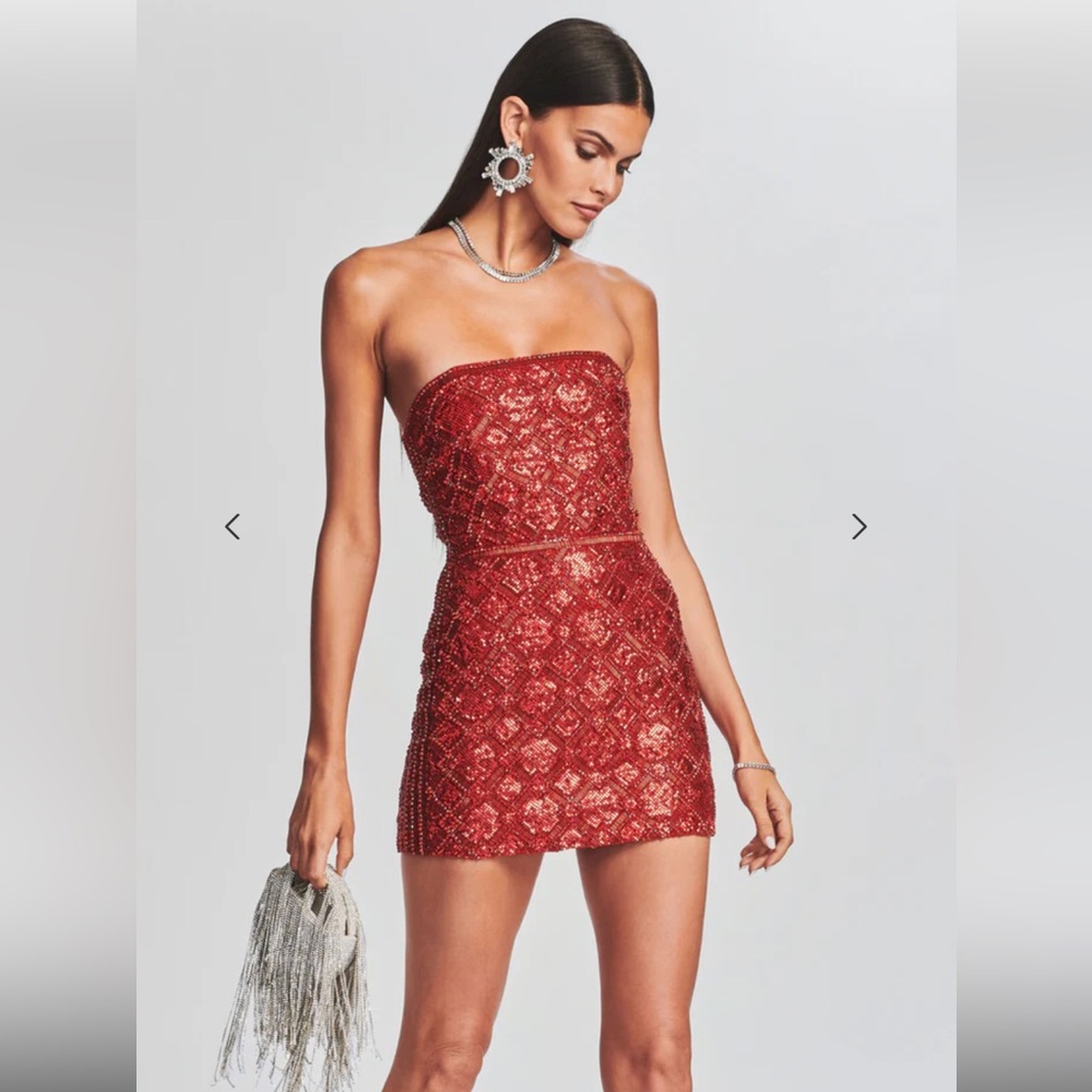 Retrofete Heather Chainmail Dress Red metal mesh rhinestone cocktail $995 XS